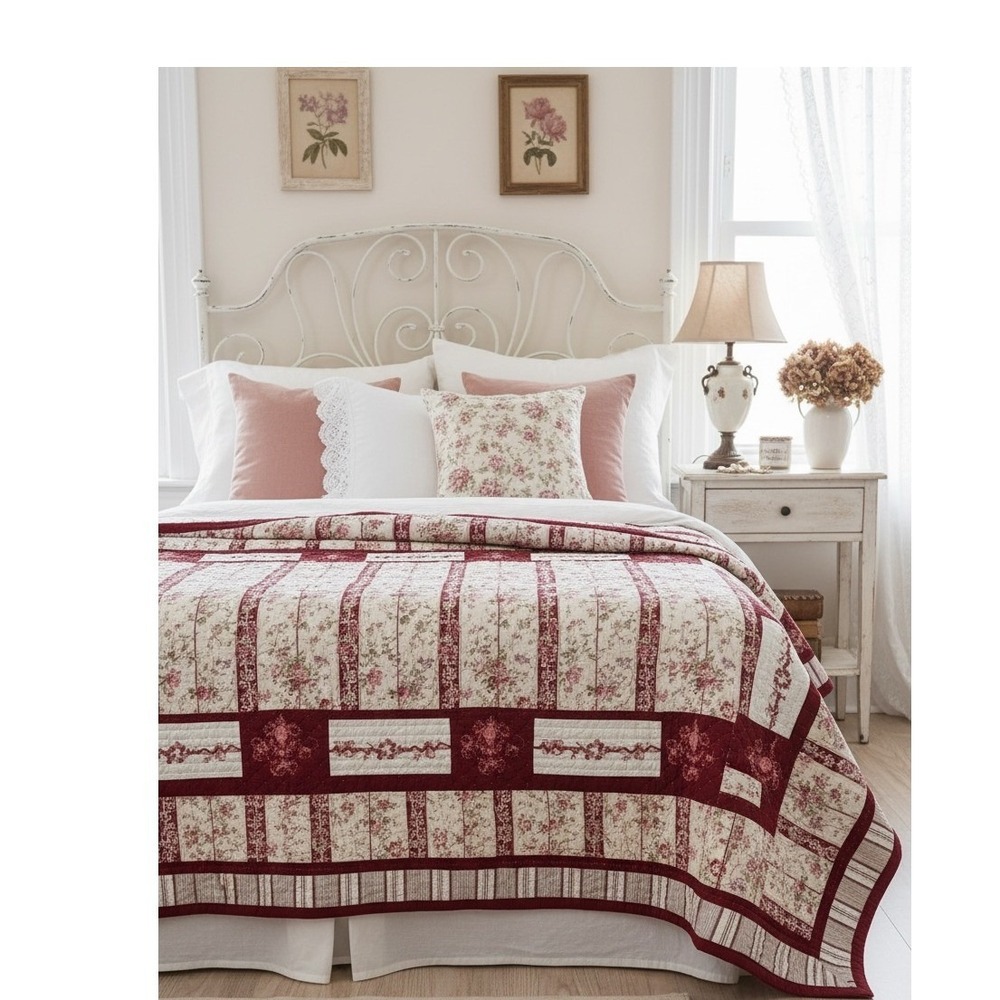 Vintage King Quilt Red Floral Stripe Shabby Chic French Country Bedding 100x90